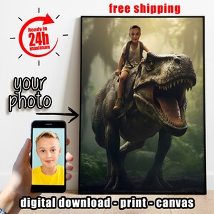 Personalized Portrait Kid riding a T-rex Dinosaure Jurassic Park Child Photo Custom Personalization Gift Idea Birthday Christmas Kid Room