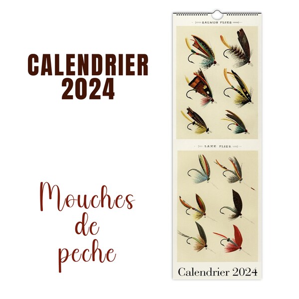 Calendrier 2024 Pecheur Peche Mouche Appat Soie Rivière Poisson Nature Idée Cadeaux Vintage Retro Art Deco FRENCH Version