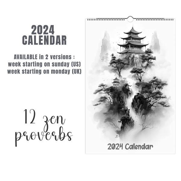 2024 Calendar Zen Proverbe Bien être Inspiration Yoga Chemin Vie Estampe Japonaise Chinoise Paix Interieure Idée Cadeaux US English version