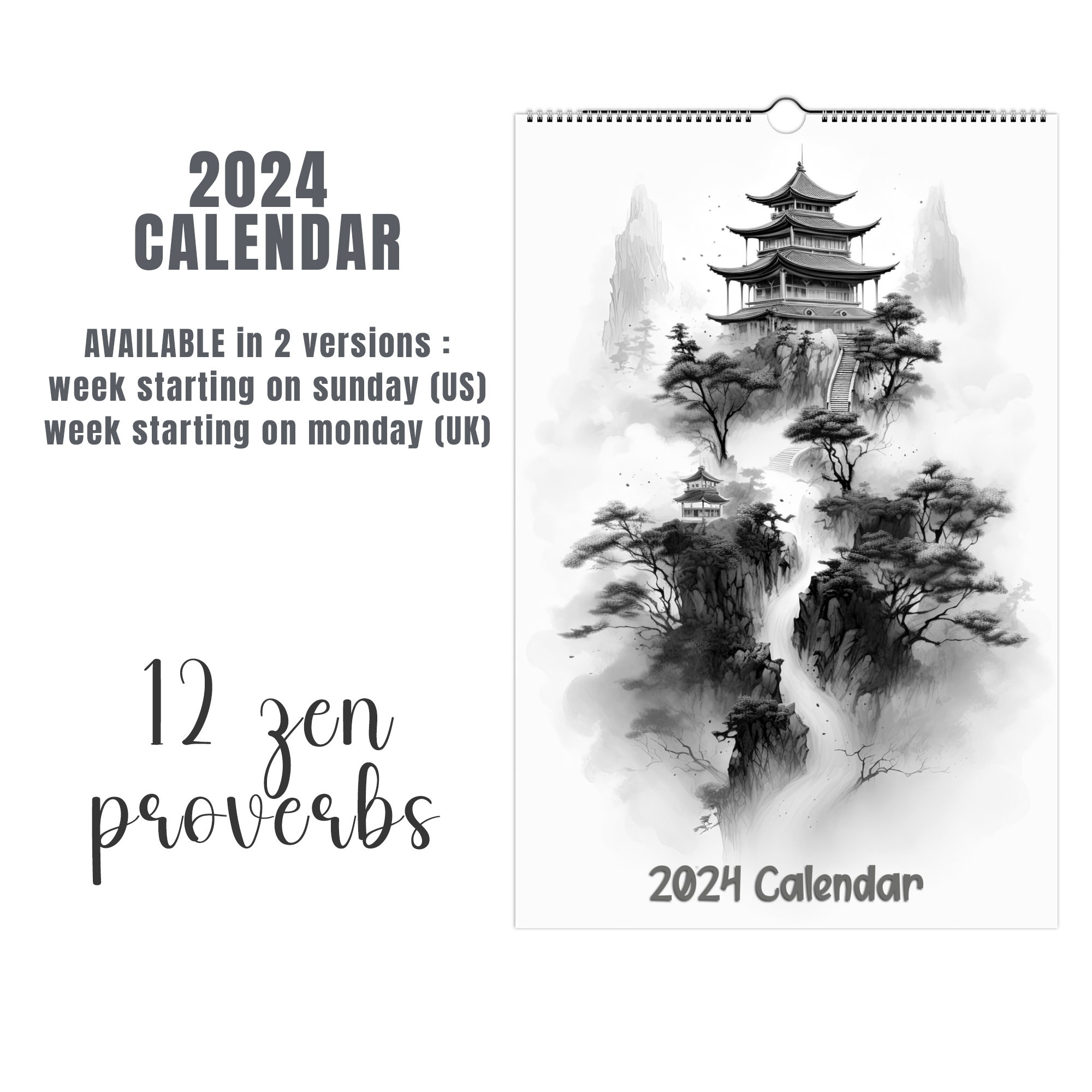 ZEN - Calendrier magique DIN A4 pour 2024 Feng Shui Yoga Relaxation -  Coffret cadeau Contenu : 1 calendrier, 1 carte de Noël et 1 carte de vœux  (3