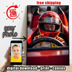 Personalized Portrait Kid riding Formula 1 Pilot Car Racing Child Photo Custom Personalization Gift Idea Birthday Christmas Kid Room