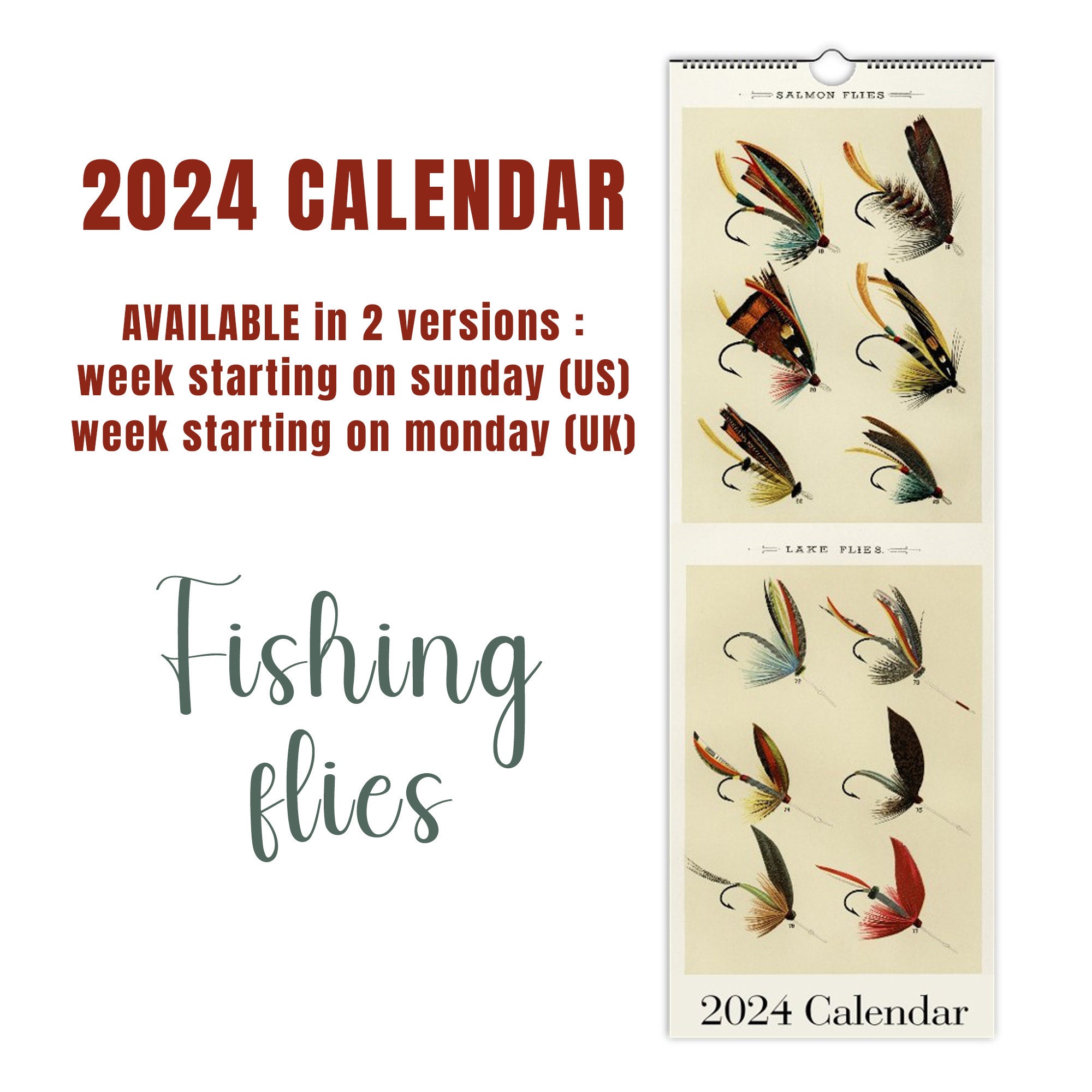2024 Calendar Fisherman Fly Fishing Bait Silk River Fish Calendar Nature  Gift Idea Vintage Retro Art Deco US Uk version