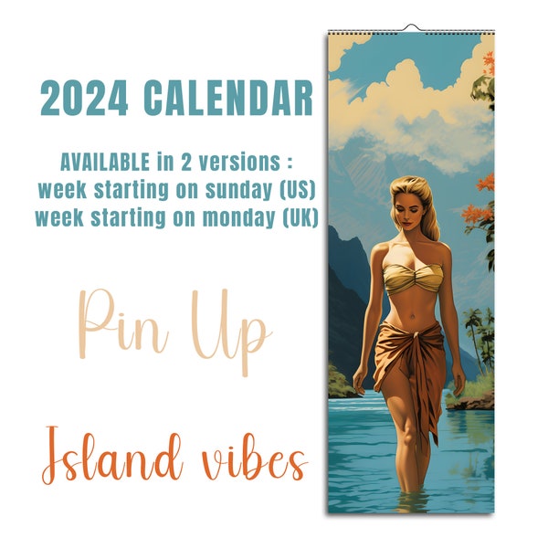 2024 Calendar Pin Up Vintage Retro Beach Island Island Vibes Vahine Hula Girl 60ies Tropical Hawaii Tahiti Polynesia US and Uk version
