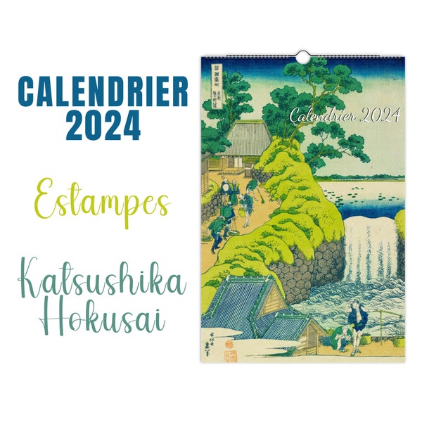 Calendario 2024 Katsushika Hokusai Giappone Vintage Retro Stampa artistica giapponese Giappone Incisione su legno Monte Fuji ukiyo-e Versione francese