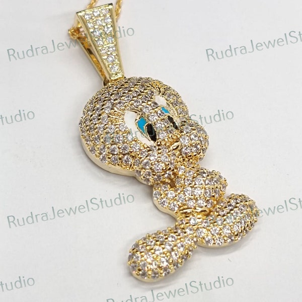 Blue Eyes Tweety Bird Charm Pendant-Tweety Bird Pendent 14k Yellow Gold Finish-Bird Cartoon Pendant- 925 Sterling Silver for Valentines Day