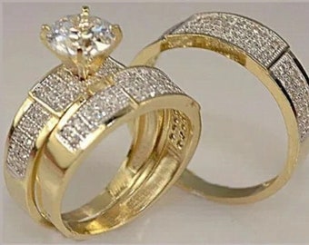 3 Carat Trio His/Her Bridal Band, Simulated Diamond Wedding Ring Set, 14K Yellow Gold Filled, Engagement Wedding Trio Ring Set