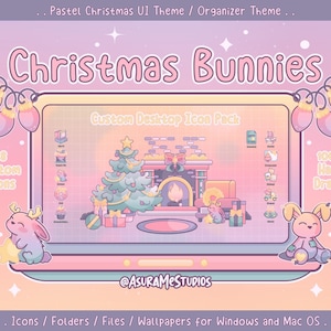 May include: A pastel pink laptop computer screen displaying a Christmas-themed desktop icon pack with 48 custom icons. The icons are hand-drawn and feature a fireplace, Christmas tree, and bunnies. The text "Christmas Bunnies" is at the top of the screen. The text "Custom Desktop Icon Pack" is in the middle of the screen. The text "48 Custom Icons" is on the left side of the screen. The text "100% Hand Drawn" is on the right side of the screen.