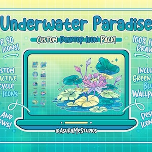 以下が含まれることがあります： 緑と青の海中パラダイスをテーマにしたデスクトップが表示されたラップトップの画面。デスクトップには、50種類以上の可愛いアイコンを含むカスタムアイコンパックが搭載されており、反応型のゴミ箱アイコンも含まれています。画像には、「Underwater Paradise」、「Custom Desktop Icon Pack」、「100% Hand Drawn」、「Includes Green and Blue Wallpapers」、「Desktop Icon Pack」、「@ASURAMESTUDIOS」というテキストも含まれています。