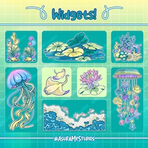 May include: A set of nine colorful stickers featuring various underwater themes. The stickers include a jellyfish, a seahorse, a starfish, a seashell, a coral reef, a lotus flower, a wave, and a seahorse. The stickers are all on a light blue background with a grid pattern.