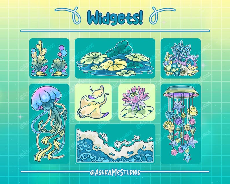 May include: A set of nine colorful stickers featuring various underwater themes. The stickers include a jellyfish, a seahorse, a starfish, a seashell, a coral reef, a lotus flower, a wave, and a seahorse. The stickers are all on a light blue background with a grid pattern.