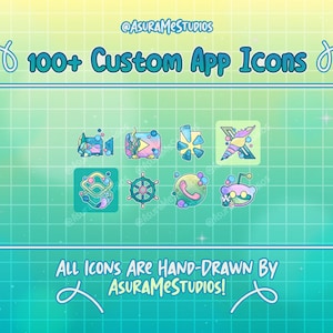 May include: A digital illustration of 100+ custom app icons. The icons are hand-drawn and feature a variety of colorful designs. The text "100+ Custom App Icons" and "ALL ICONS ARE HAND-DRAWN BY ASURAMESTUDIOS!" is included in the image.