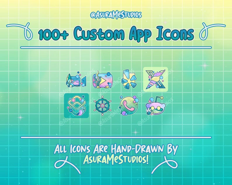 May include: A digital illustration of 100+ custom app icons. The icons are hand-drawn and feature a variety of colorful designs. The text "100+ Custom App Icons" and "ALL ICONS ARE HAND-DRAWN BY ASURAMESTUDIOS!" is included in the image.