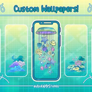 May include: Five phone wallpapers with a blue and green color scheme. The center wallpaper features a seashell mobile with a starfish and seashells hanging from it. The other wallpapers feature a cloud, a lotus flower, and a seashell.