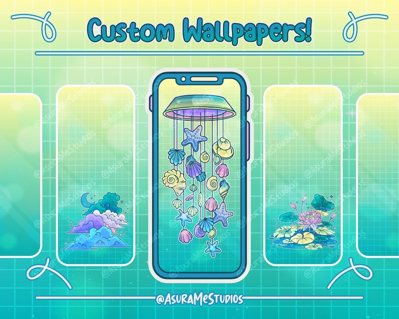 May include: Five phone wallpapers with a blue and green color scheme. The center wallpaper features a seashell mobile with a starfish and seashells hanging from it. The other wallpapers feature a cloud, a lotus flower, and a seashell.