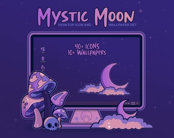 Cute Alchemy Magic Moon and Stars Mystic Lunar Computer Desktop Theme and Background Wallpaper Icon Organizer Set | by AsuraMeStudios