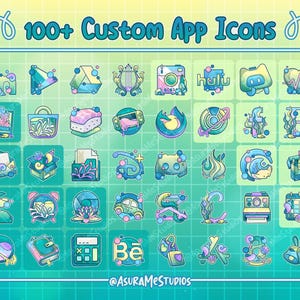 May include: A set of 100+ custom app icons in a pastel green and yellow color scheme. The icons are designed in a cartoon style with a variety of themes, including social media, entertainment, and productivity. The icons are perfect for customizing your phone or tablet.
