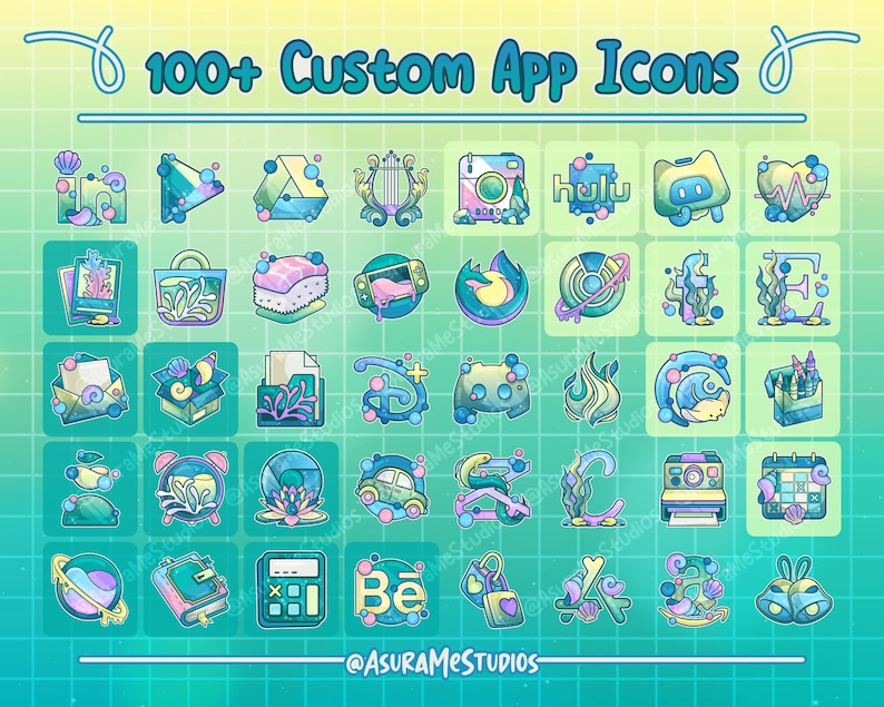 May include: A set of 100+ custom app icons in a pastel green and yellow color scheme. The icons are designed in a cartoon style with a variety of themes, including social media, entertainment, and productivity. The icons are perfect for customizing your phone or tablet.