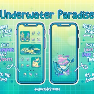May include: A mobile phone screen mockup with a green and blue underwater theme. The screen shows a collection of icons, widgets, and wallpapers. The text "Underwater Paradise" is at the top of the image. The text "100% Hand Drawn!" is in the top right corner. The text "Includes Light and Dark Green Themes" is in the bottom right corner. The text "IOS and ANDROID!" is in the bottom right corner. The text "@ASURAMESTUDIOS" is at the bottom of the image.