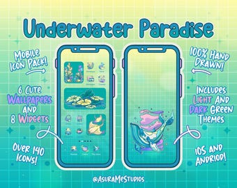 Underwater Paradise Mobile Icon Organizer Set | Android iOS App icons |Blue / Green Ocean Phone Theme | Aesthetic Widgets and Wallpapers!