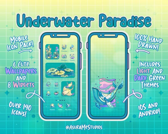 Underwater Paradise Mobile Icon Organizer Set | Android iOS App icons |Blue / Green Ocean Phone Theme | Aesthetic Widgets and Wallpapers!