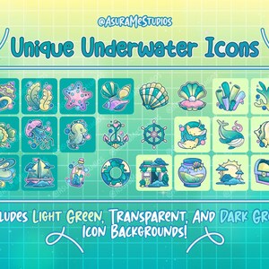 May include: A set of 18 unique underwater icons featuring various sea creatures, objects, and symbols. The icons are in a cartoon style and have a light green, transparent, or dark green background.