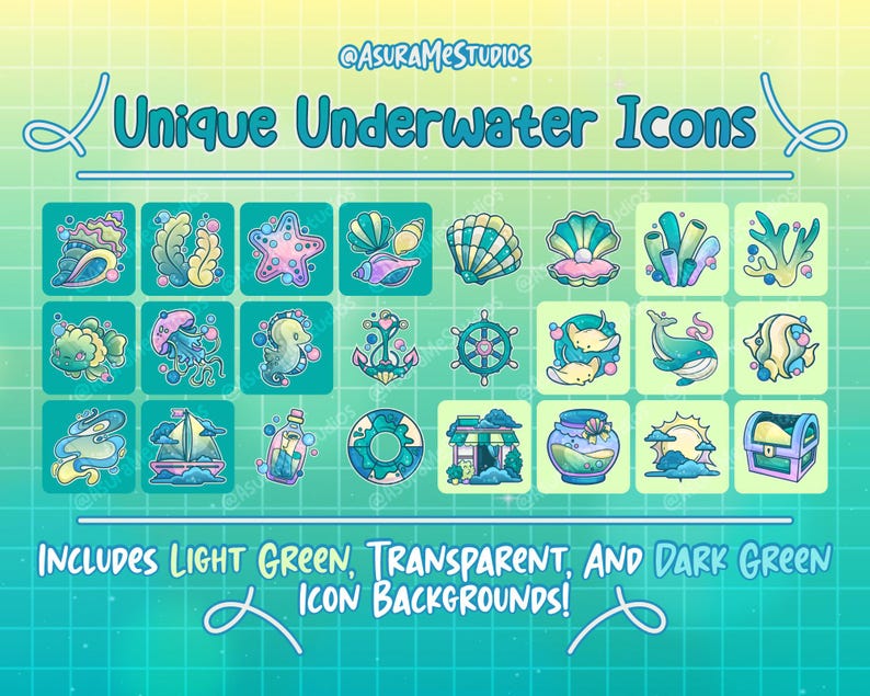 May include: A set of 18 unique underwater icons featuring various sea creatures, objects, and symbols. The icons are in a cartoon style and have a light green, transparent, or dark green background.