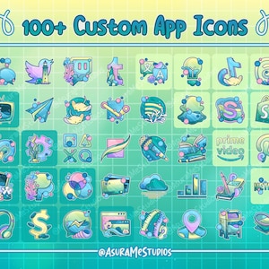 May include: A set of 100+ custom app icons featuring a variety of designs with a sea-themed aesthetic. The icons are in a grid format with a light blue background and yellow accents. The icons include popular apps like Netflix, Prime Video, Spotify, and more.
