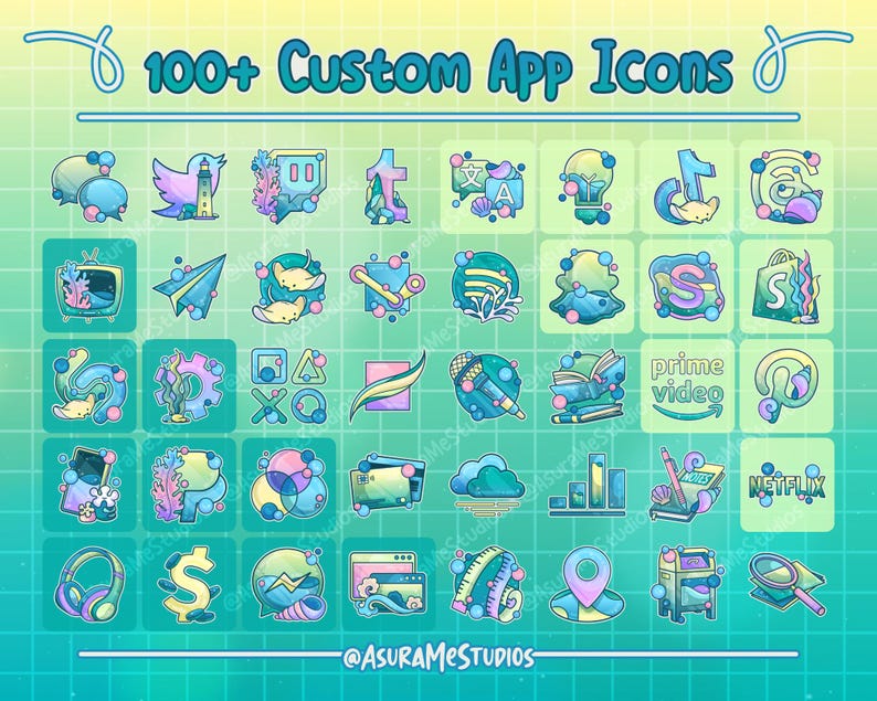 May include: A set of 100+ custom app icons featuring a variety of designs with a sea-themed aesthetic. The icons are in a grid format with a light blue background and yellow accents. The icons include popular apps like Netflix, Prime Video, Spotify, and more.