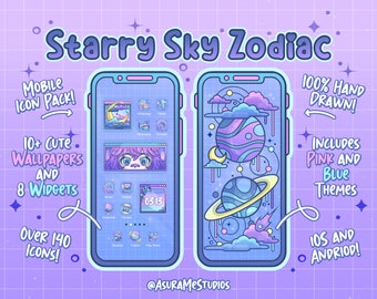 Cute Starry Sky Zodiac Space Mobile Icon Set | Android iOS App icons | Blue / Pink Phone Theme | Hand drawn aesthetic Widgets and Wallpapers