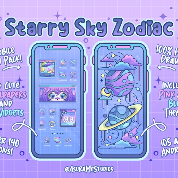 Cute Starry Sky Zodiac Space Mobile Icon Set | Android iOS App icons | Blue / Pink Phone Theme | Hand drawn aesthetic Widgets and Wallpapers