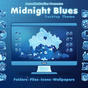May include: A computer monitor displaying a "Midnight Blues" desktop theme. The theme features a blue color scheme with stylized icons, files, and wallpapers. The image includes the text "AsuraMeStudios Presents: Midnight Blues Desktop Theme."