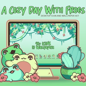 A Cozy Day with Frogs Aesthetic Computer Desktop Theme and Background Wallpaper Icon Organizer Set | by AsuraMeStudios