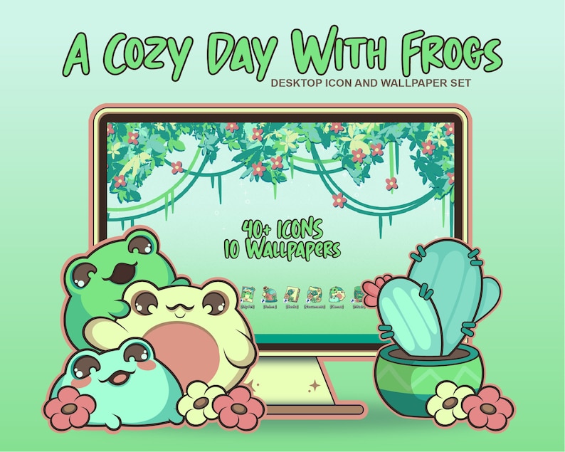 A Cozy Day With Frogs Aesthetic Computer Desktop Theme and - Etsy