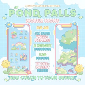 Peut inclure: Graphique numérique avec deux smartphones sur fond de ciel bleu pastel. Le téléphone de gauche affiche des icônes d'applications, celui de droite un paysage. Le texte comprend "Pond Pall's Mobile Icons", "No AI!" et "Ajoutez de la couleur à votre appareil!"