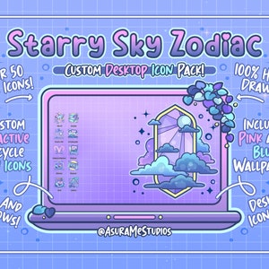 May include: A laptop screen displaying a custom desktop icon pack with a starry sky and zodiac theme. The icon pack includes over 50 cute icons, custom reactive recycle bin icons, and pink and blue wallpapers. The text "Starry Sky Zodiac" is at the top of the image.