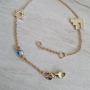 14k Gold-Judaica-Armband, Davidstern, Chai, jüdische Geschenke, Bat Mitzvah Geschenk
