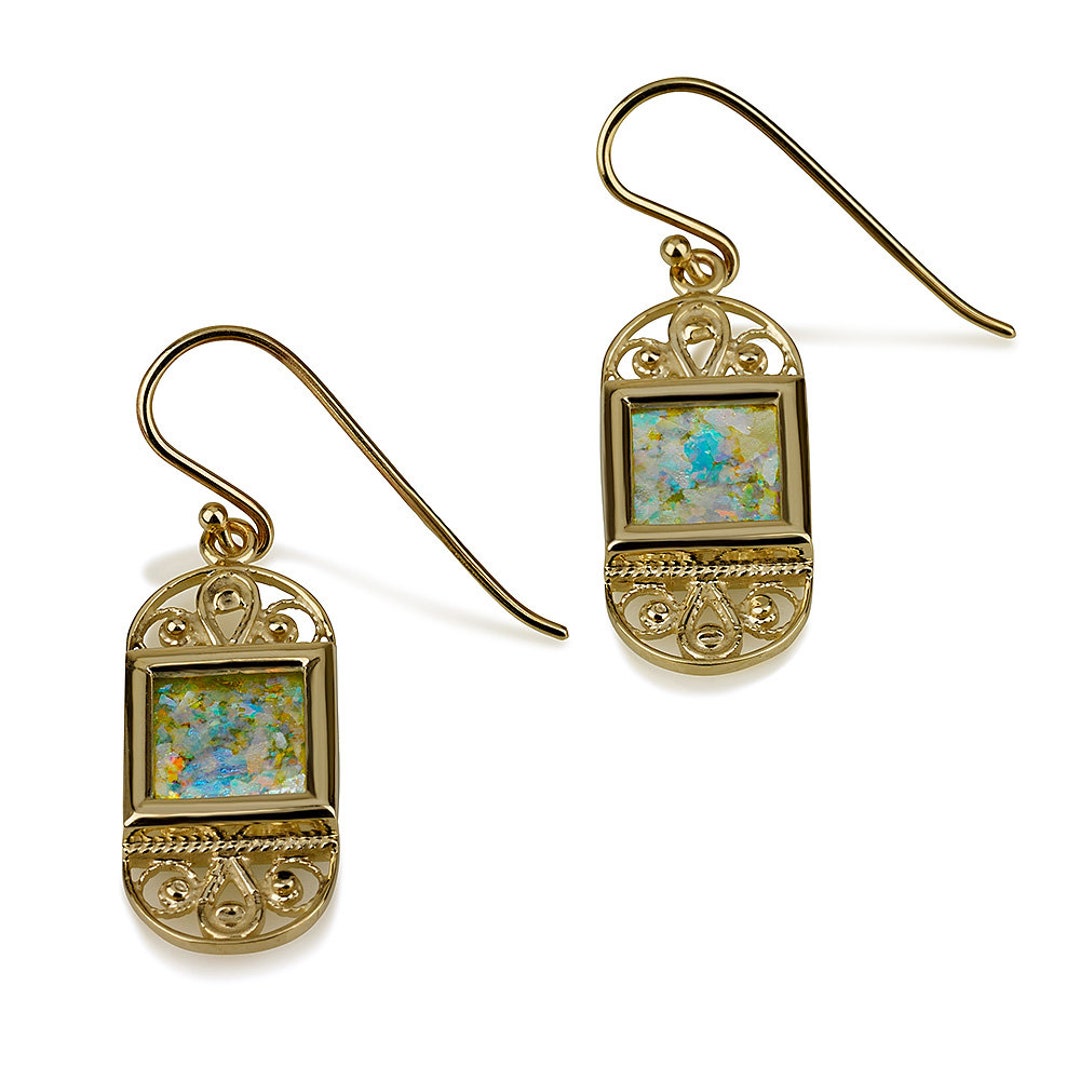 14k Gold Roman Glass Earrings, Israeli Earrings, Roman Glass Jewelry