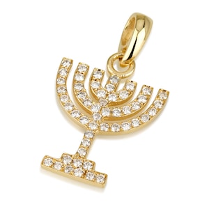 18k Menorah Pendant with diamonds, jewish jewelry, Gold Menorah, Hanukkah Gift