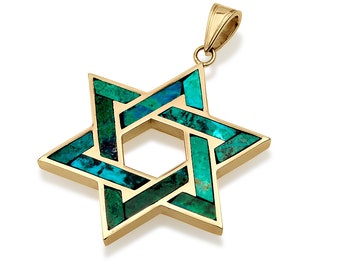 May include: Gold-tone Star of David pendant with turquoise and green inlay. The pendant features a six-pointed star design with a central open hexagon. The inlay is a mosaic of turquoise and green stones, creating a striking contrast against the gold.
