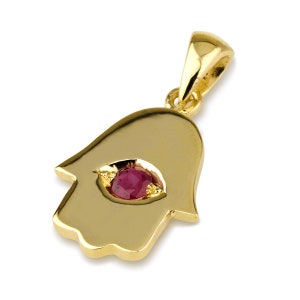 14k solid gold Hamsa, Pendant with Ruby, Hamsa necklace