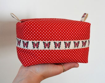Red cosmetic bag Boxy Bag with butterflies and dots