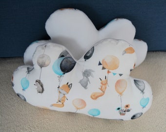 Cloud cushion "Animals with Balloons" with a cuddly soft fleece back