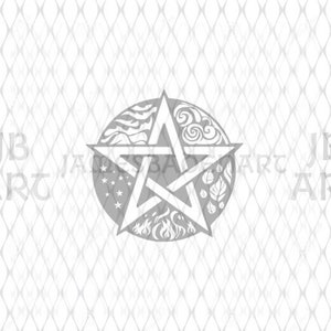 May include: A gray five-pointed star with four elements depicted in each point: water, earth, fire, and air.