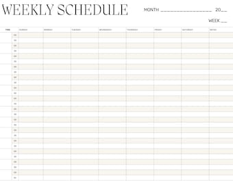 May include: A blank weekly schedule template with columns for each day of the week, including Sunday, Monday, Tuesday, Wednesday, Thursday, Friday, Saturday, and a notes column. The schedule is divided into 30-minute time slots from 00:00 to 23:30.