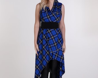 Royal Blue Tartan Drape Waterfall Waistcoat