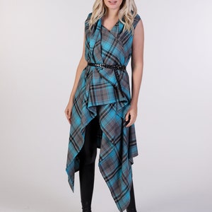 Turquoise Tartan Drape Waterfall Waistcoat Top