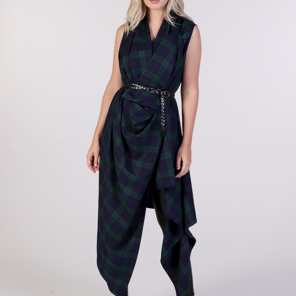 Navy and Green Tartan Drape Waterfall Waistcoat Top