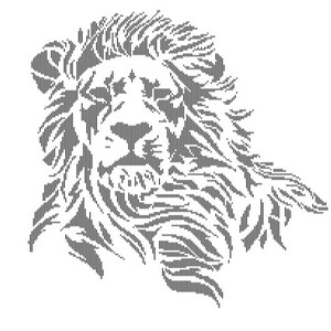 May include: A black and white line art illustration of a lion's head with a mane. The lion's face is shown in profile, with its mouth open and teeth visible. The mane is made up of many thin lines that create a sense of movement.