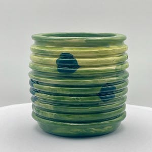Handmade Ceramic Mug, Textured Green Ribbed Cup with Blue Dots, Small Clay Planter, Unique Artisan Gift