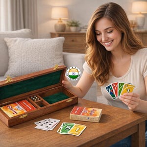 Op de afbeelding: Een houten kaartspeldoos met een groene vilt binnenkant, gouden hardware en een kaartspel. Een persoon houdt een hand kaarten vast met verschillende kleuren en nummers. Extra kaarten liggen op tafel.